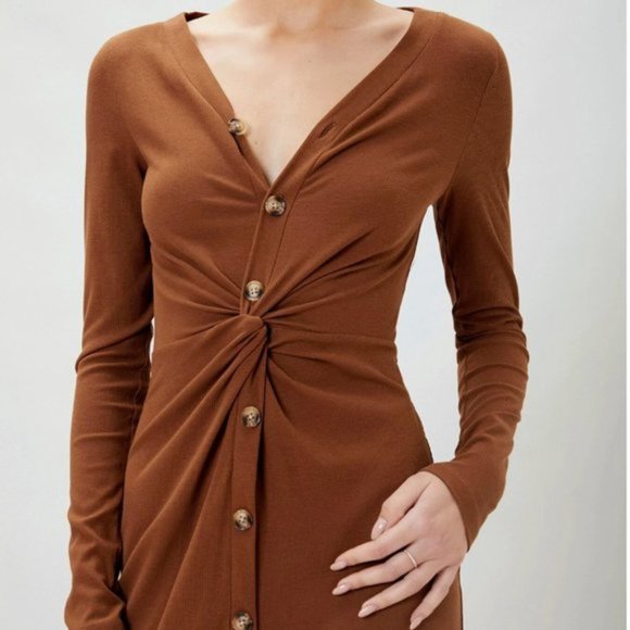 Viscose Cotton Front Twist Knot Ribbed Dress Brown. - Picture 4 of 8